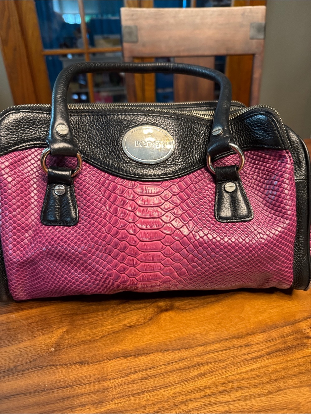 Borgi Fuchsia Faux-Snake Satchel with Black leather Trim